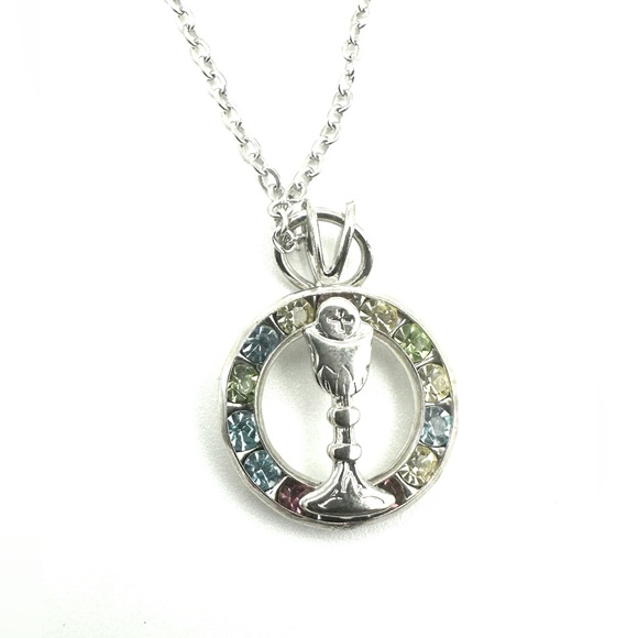 Silver Circle Pendant Necklace with Multi Color Rhinestones with Center Chalice - Picture 1 of 5